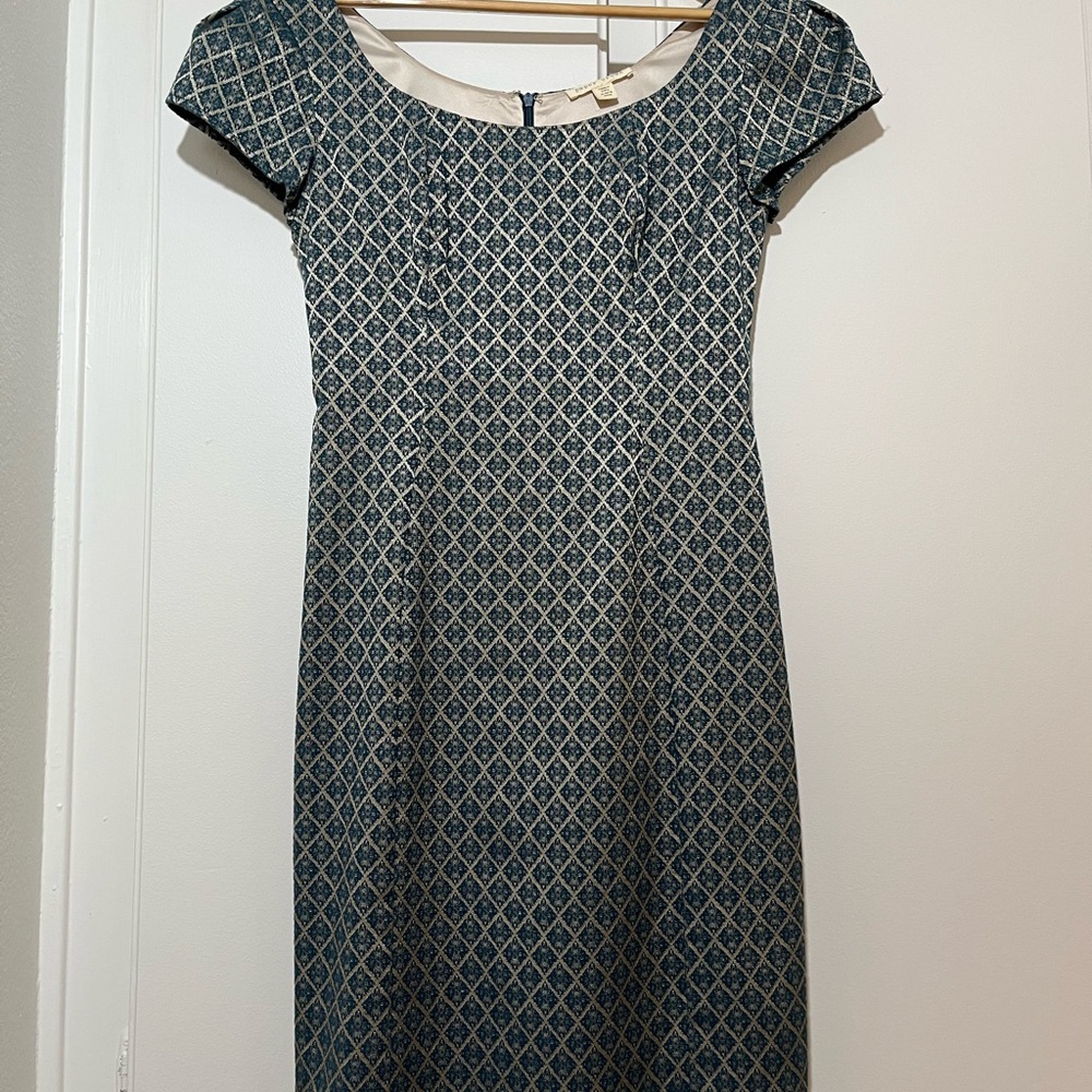 Paper Crown Teal and Gold 60’s style Sheath Dress with Puff Cap Sleeves